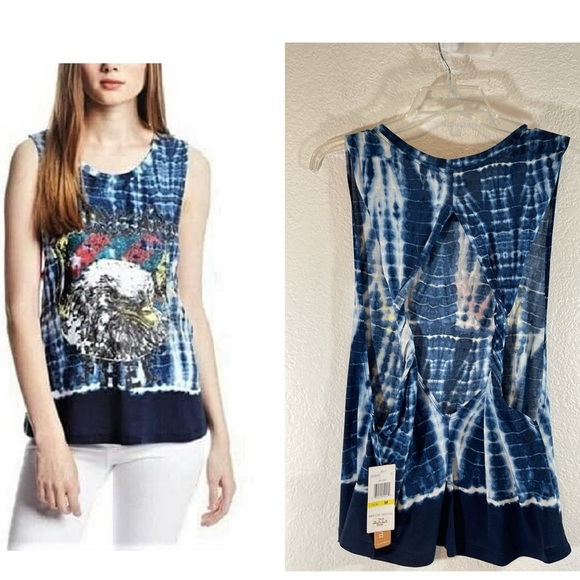 TAKARA “YOUNG AND FREE” Scoop Neckline Tie-Dye Open Back Graphic Tee Size M NEW - Picture 1 of 10